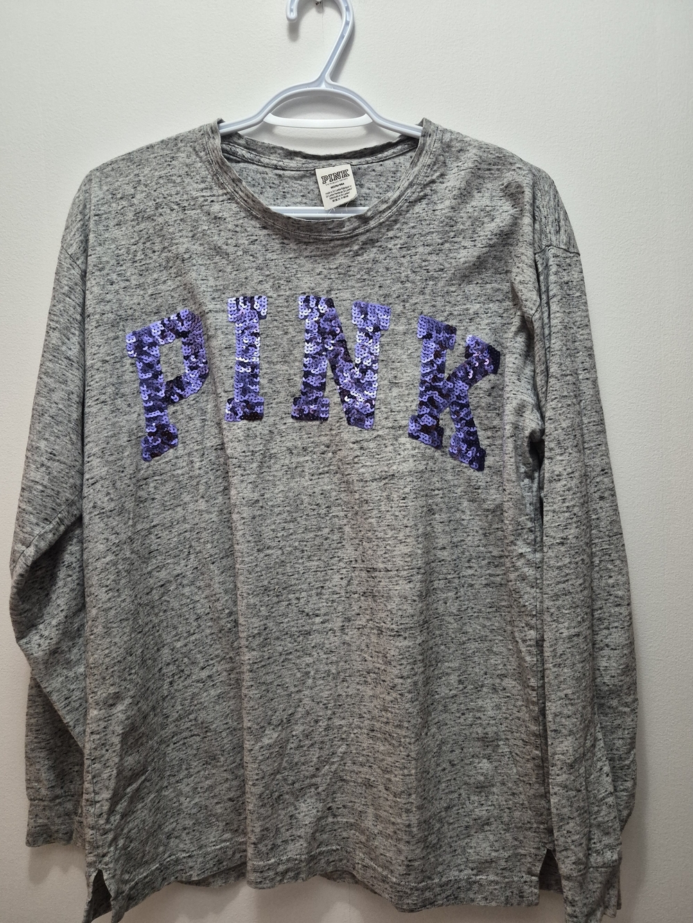 PINK Victoria's Secret Gray Long-Sleeve Top with Purple Sequin Logo